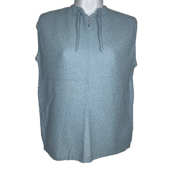 Vintage 70s Penneys Sleeveless Sweater Vest Size S Baby Blue Knit Lace Up - Picture 1 of 8